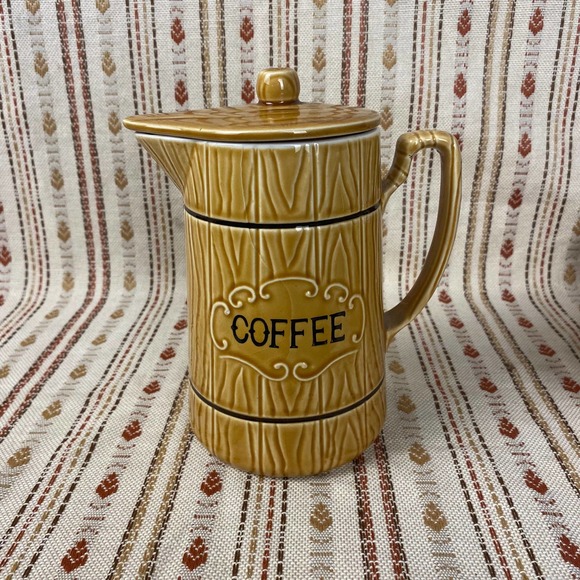 Vintage Coffee Pot, Wood Grain Barrel, Mid Century, Made In Japan - Picture 1 of 10